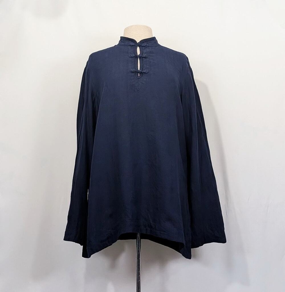 Ralph Lauren Tunic Top Blue Linen Frog Closure Collar Women's Size L